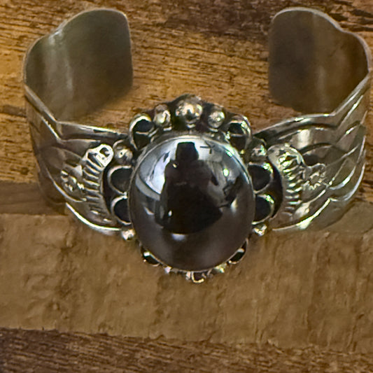 Navajo Hematite Wide Cuff Bracelet Signed Cleveland Nickel Silver