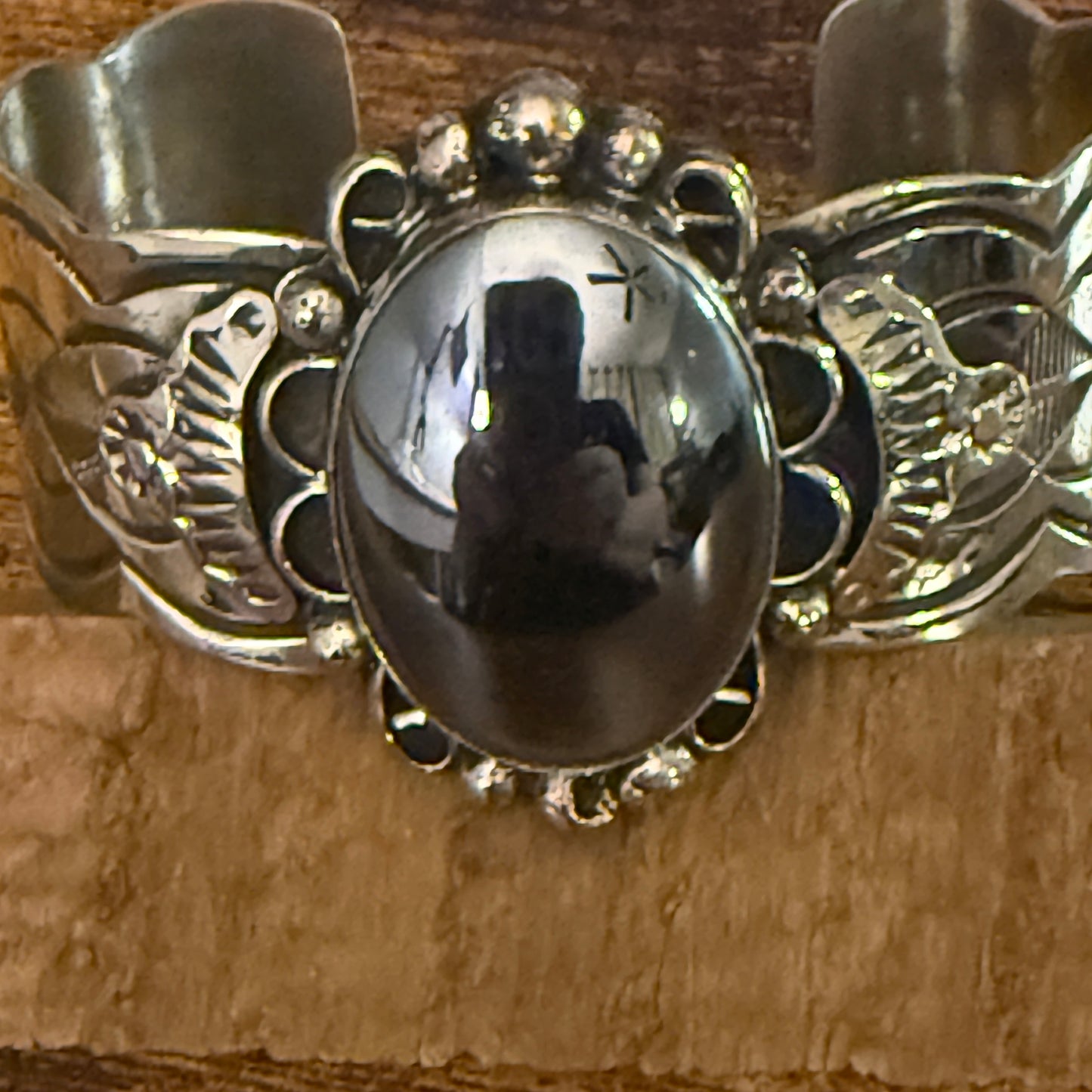 Navajo Hematite Wide Cuff Bracelet Signed Cleveland Nickel Silver