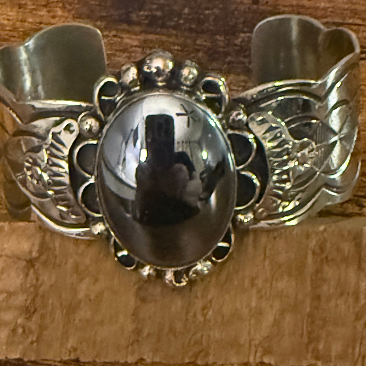 Navajo Hematite Wide Cuff Bracelet Signed Cleveland Nickel Silver