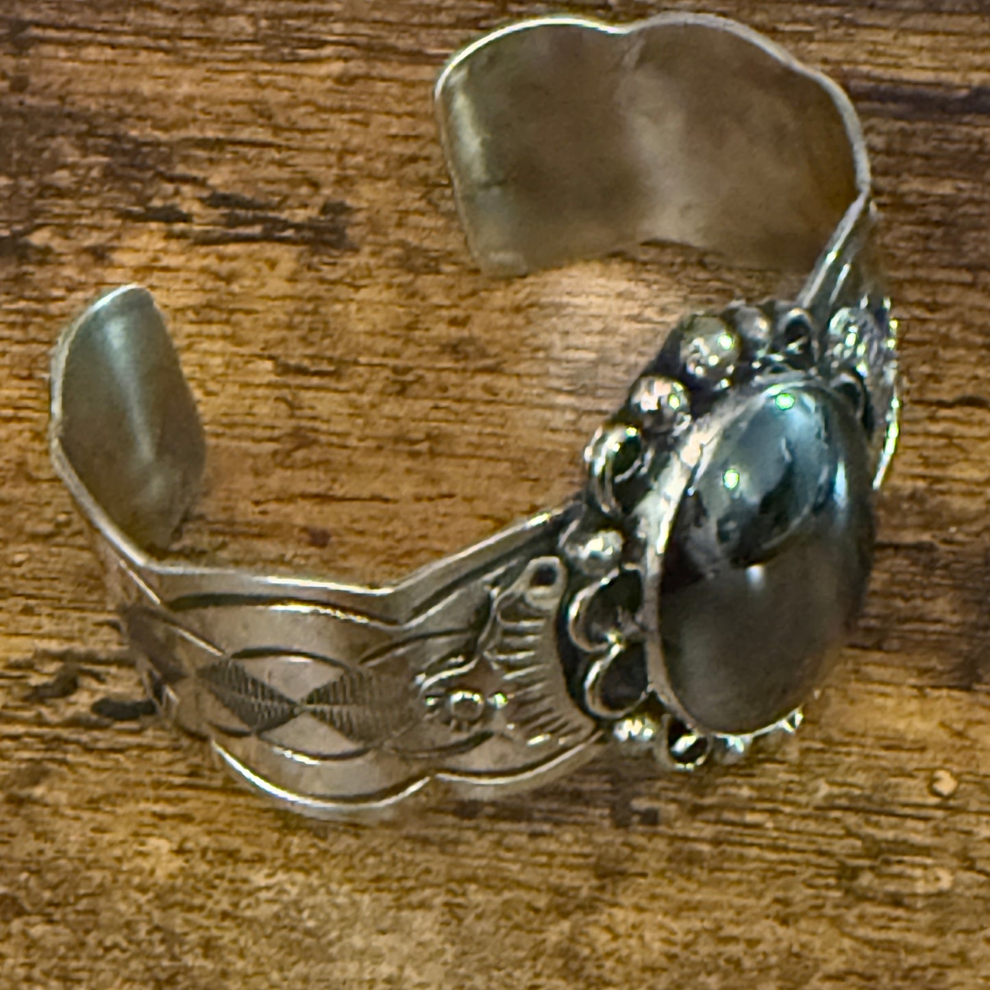 Navajo Hematite Wide Cuff Bracelet Signed Cleveland Nickel Silver