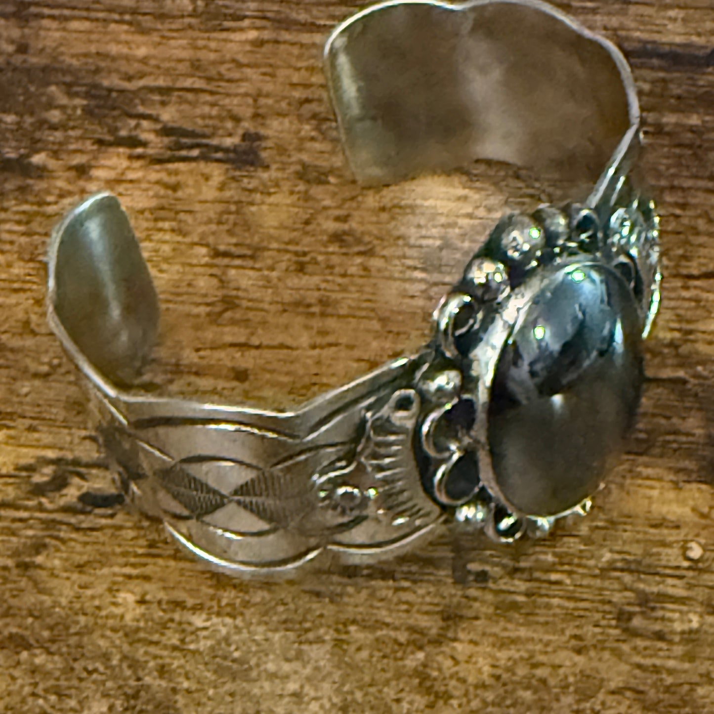 Navajo Hematite Wide Cuff Bracelet Signed Cleveland Nickel Silver