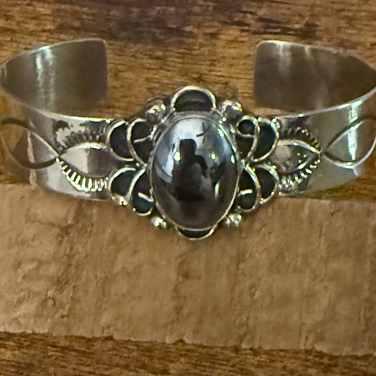 Navajo Indian Black Onyx Cuff Bracelet Signed by Cleveland Nickel Silver