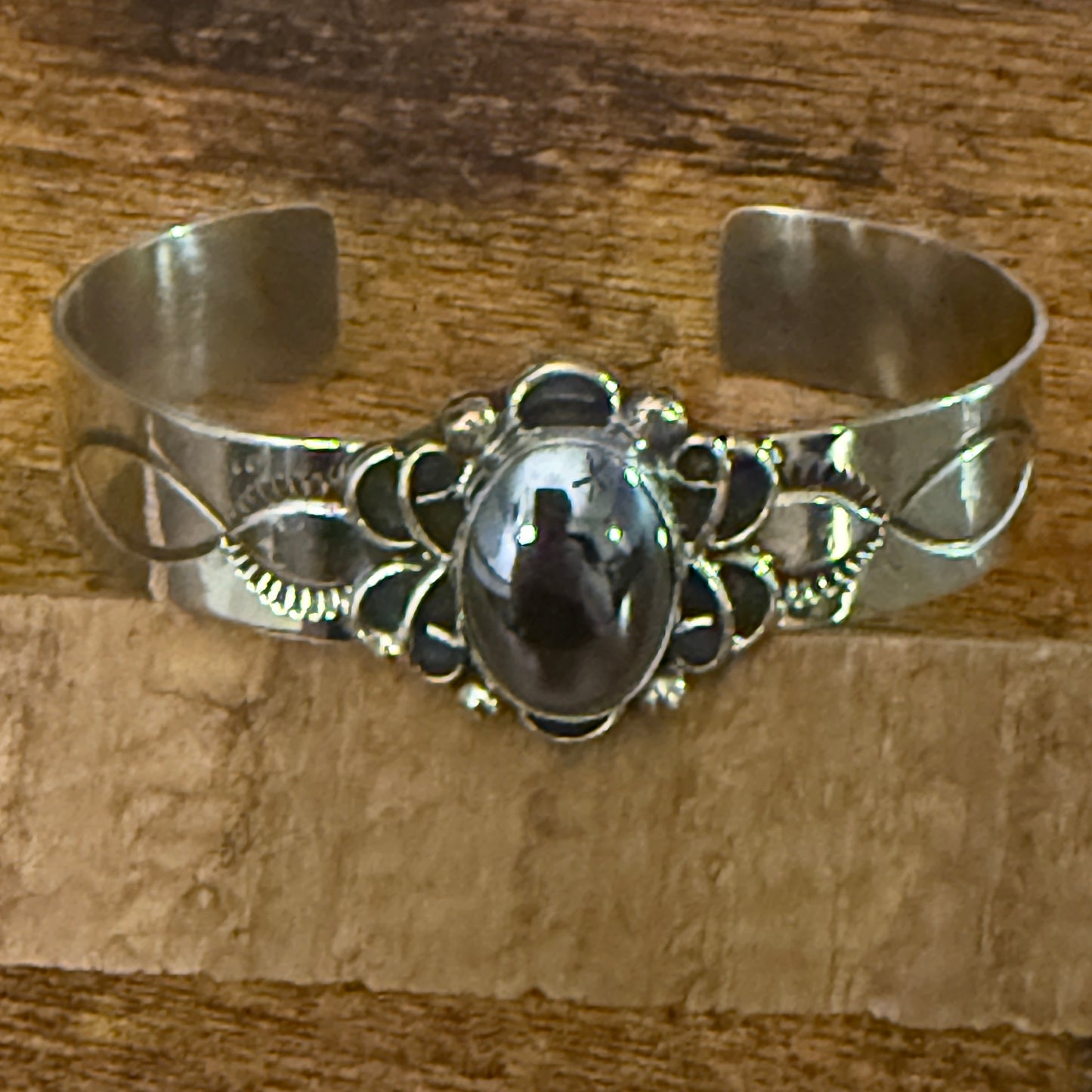 Navajo Indian Black Onyx Cuff Bracelet Signed by Cleveland Nickel Silver
