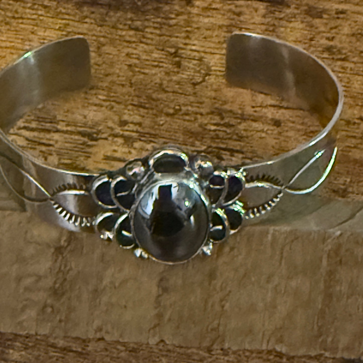 Navajo Indian Black Onyx Cuff Bracelet Signed by Cleveland Nickel Silver