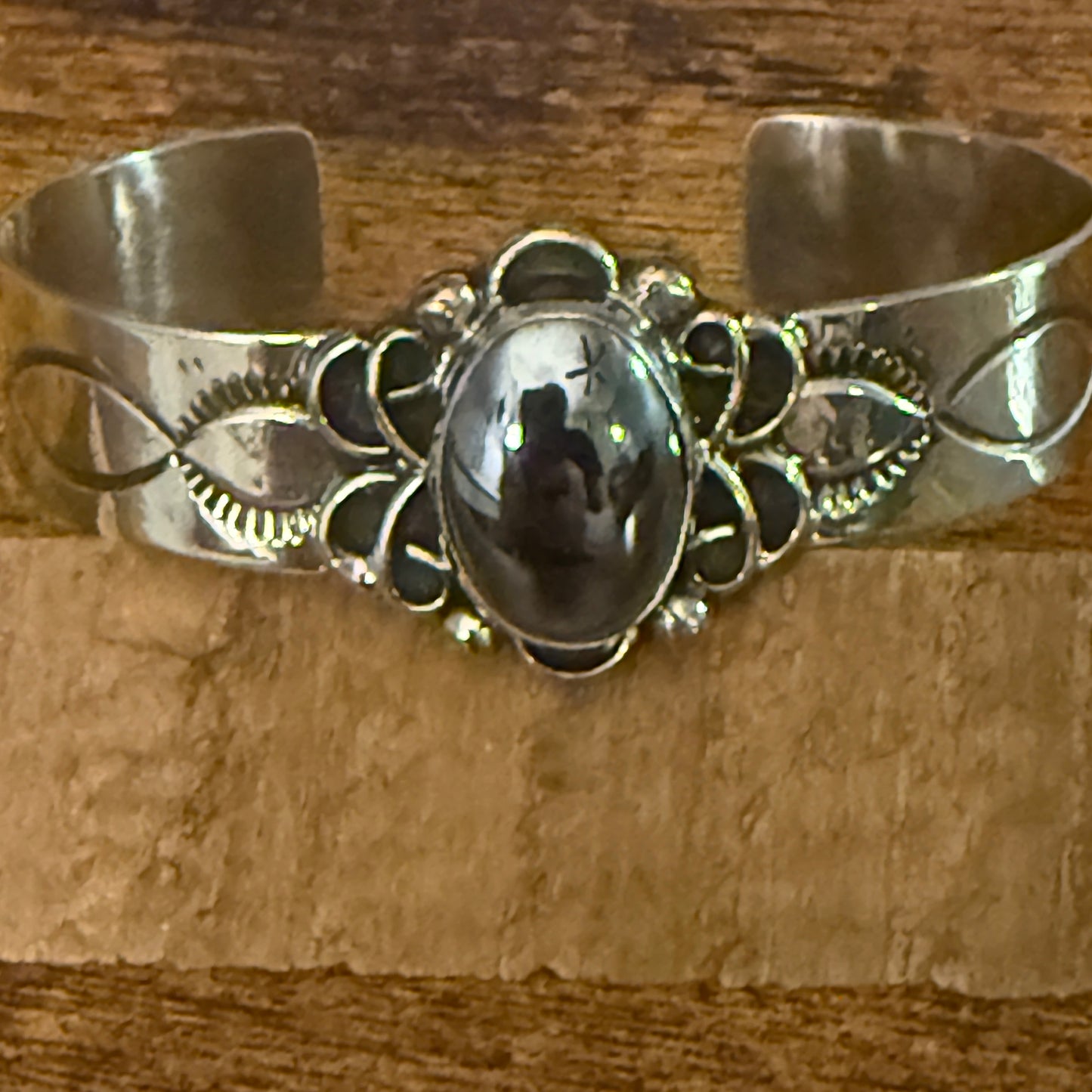 Navajo Indian Black Onyx Cuff Bracelet Signed by Cleveland Nickel Silver