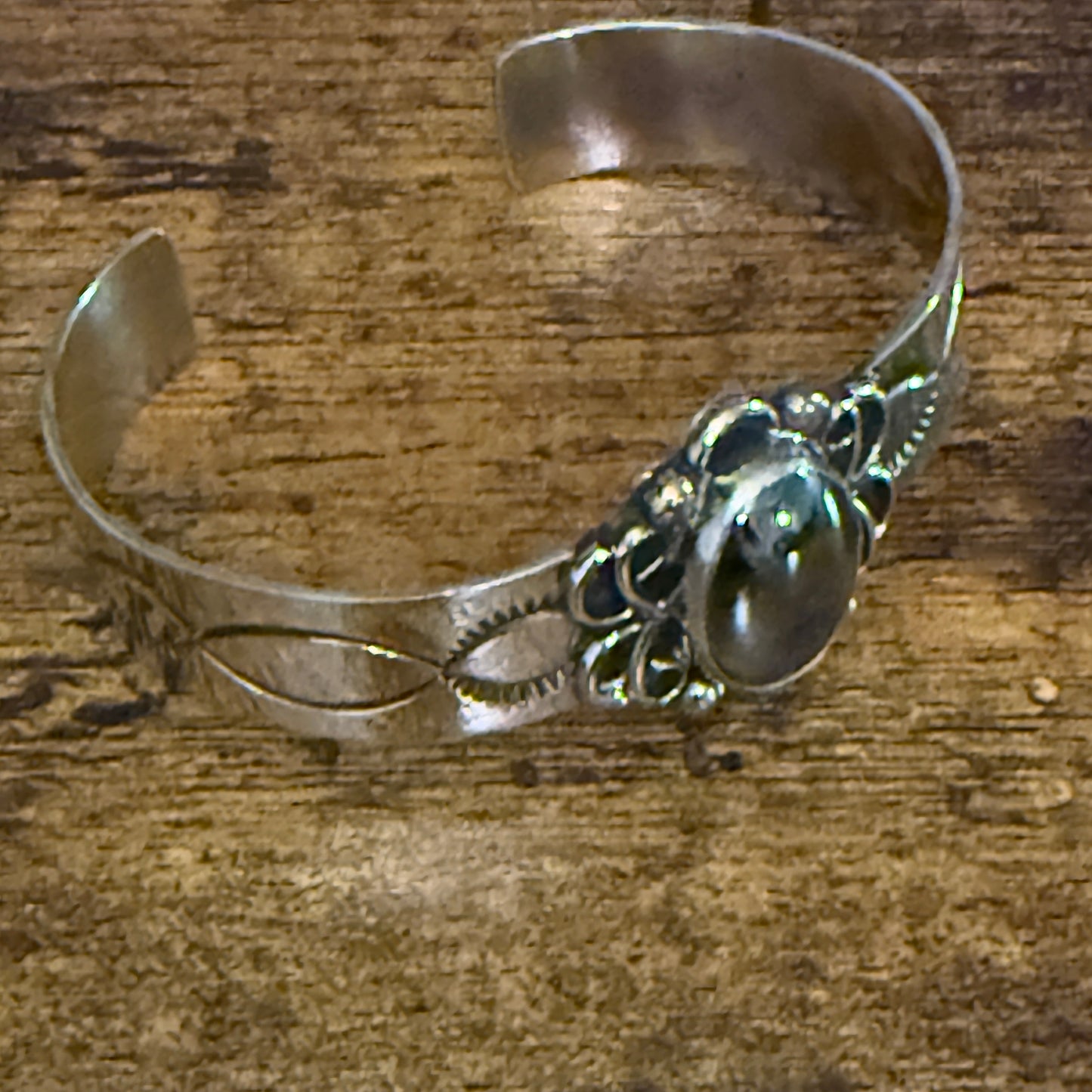 Navajo Indian Black Onyx Cuff Bracelet Signed by Cleveland Nickel Silver