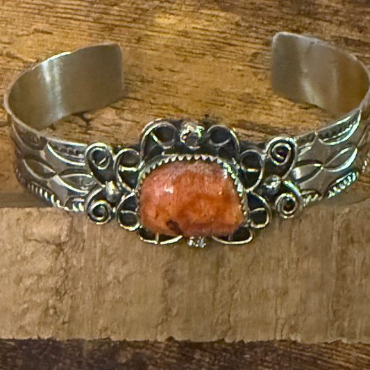 Navajo Apple Coral Cuff Bracelet Signed Cleveleland Nickel Silver Adjustable