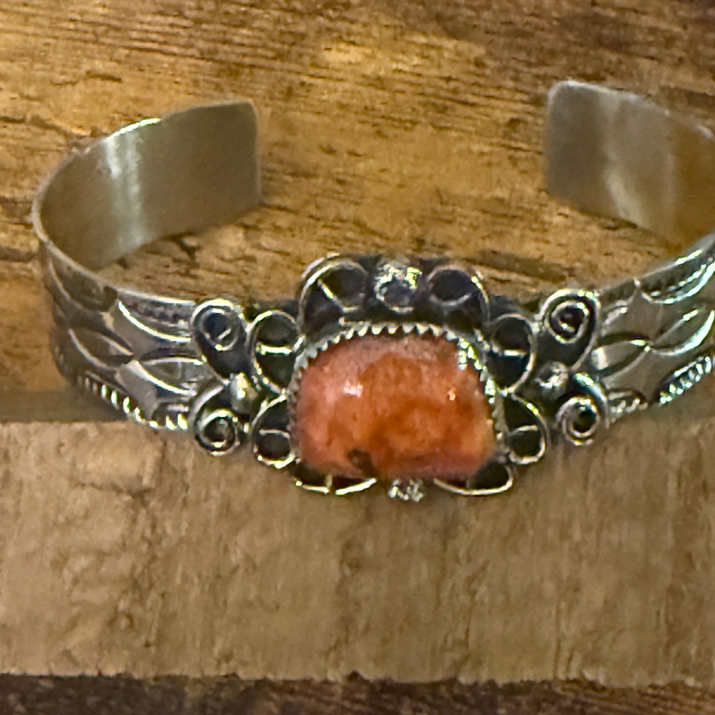 Navajo Apple Coral Cuff Bracelet Signed Cleveleland Nickel Silver Adjustable