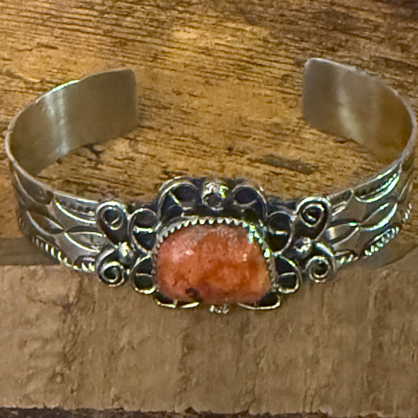 Navajo Apple Coral Cuff Bracelet Signed Cleveleland Nickel Silver Adjustable