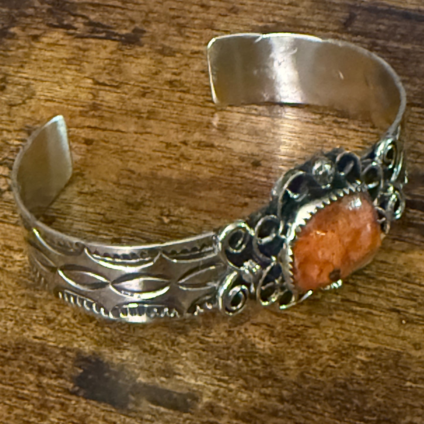 Navajo Apple Coral Cuff Bracelet Signed Cleveleland Nickel Silver Adjustable