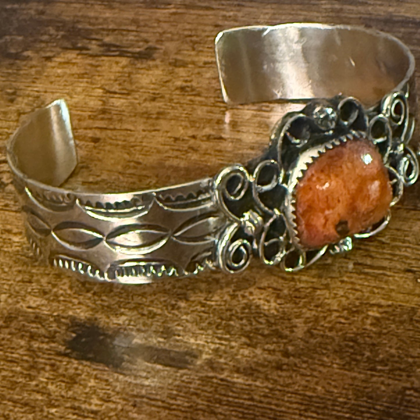 Navajo Apple Coral Cuff Bracelet Signed Cleveleland Nickel Silver Adjustable