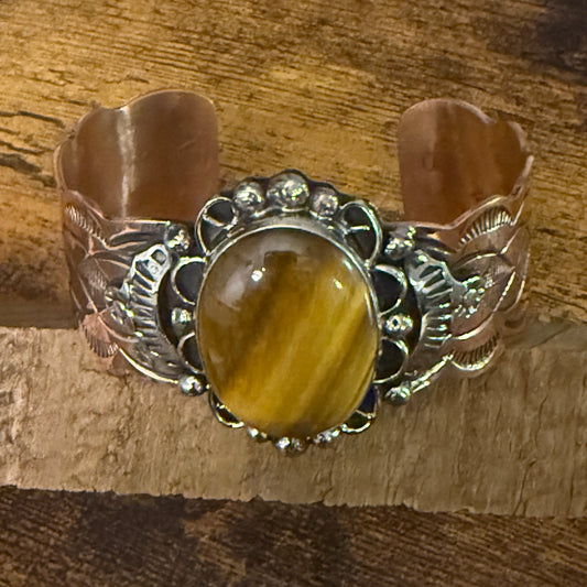 Navajo Copper Tiger Eye Wide Cuff Bracelet Signed by Cleveland