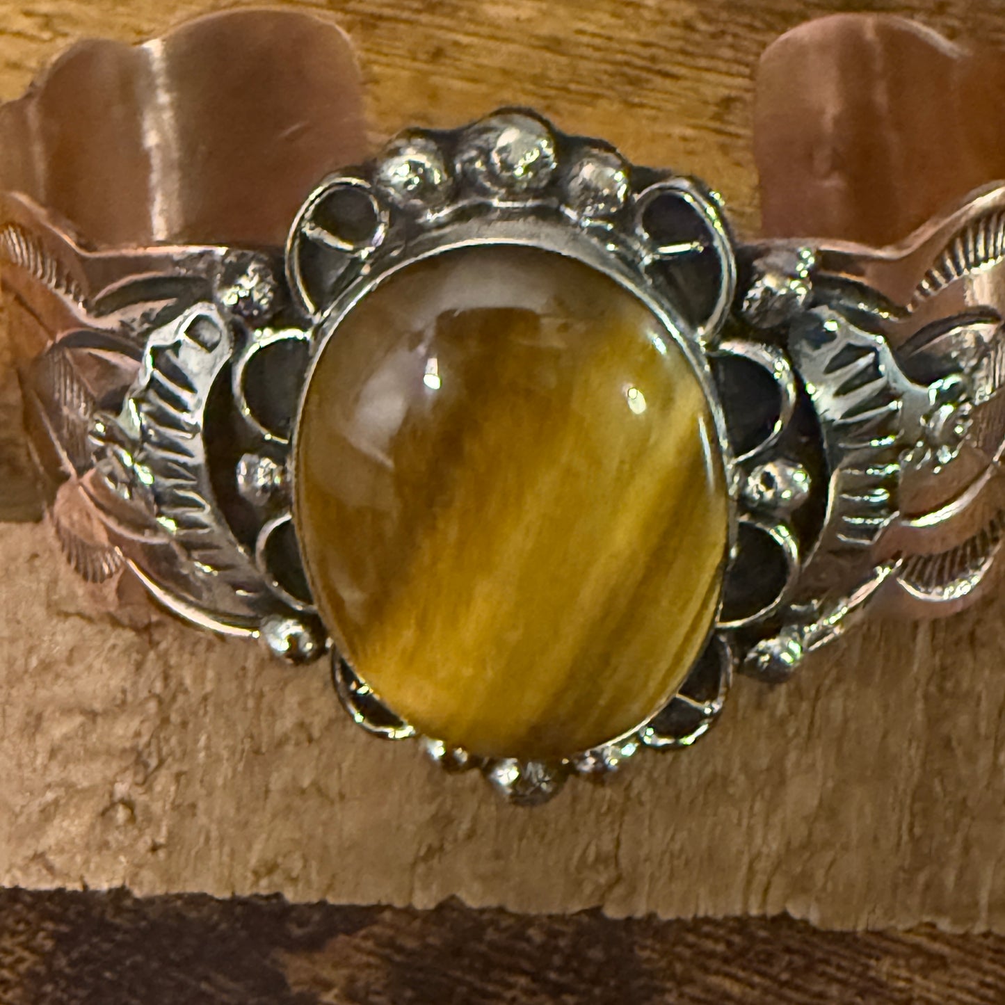 Navajo Copper Tiger Eye Wide Cuff Bracelet Signed by Cleveland