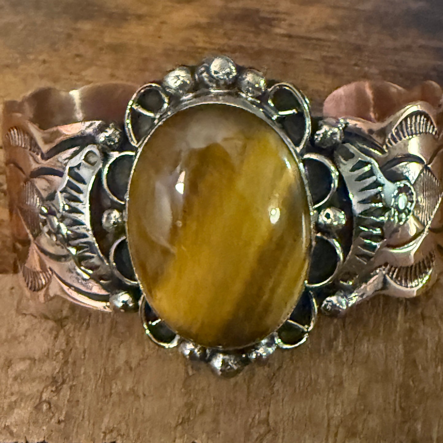 Navajo Copper Tiger Eye Wide Cuff Bracelet Signed by Cleveland