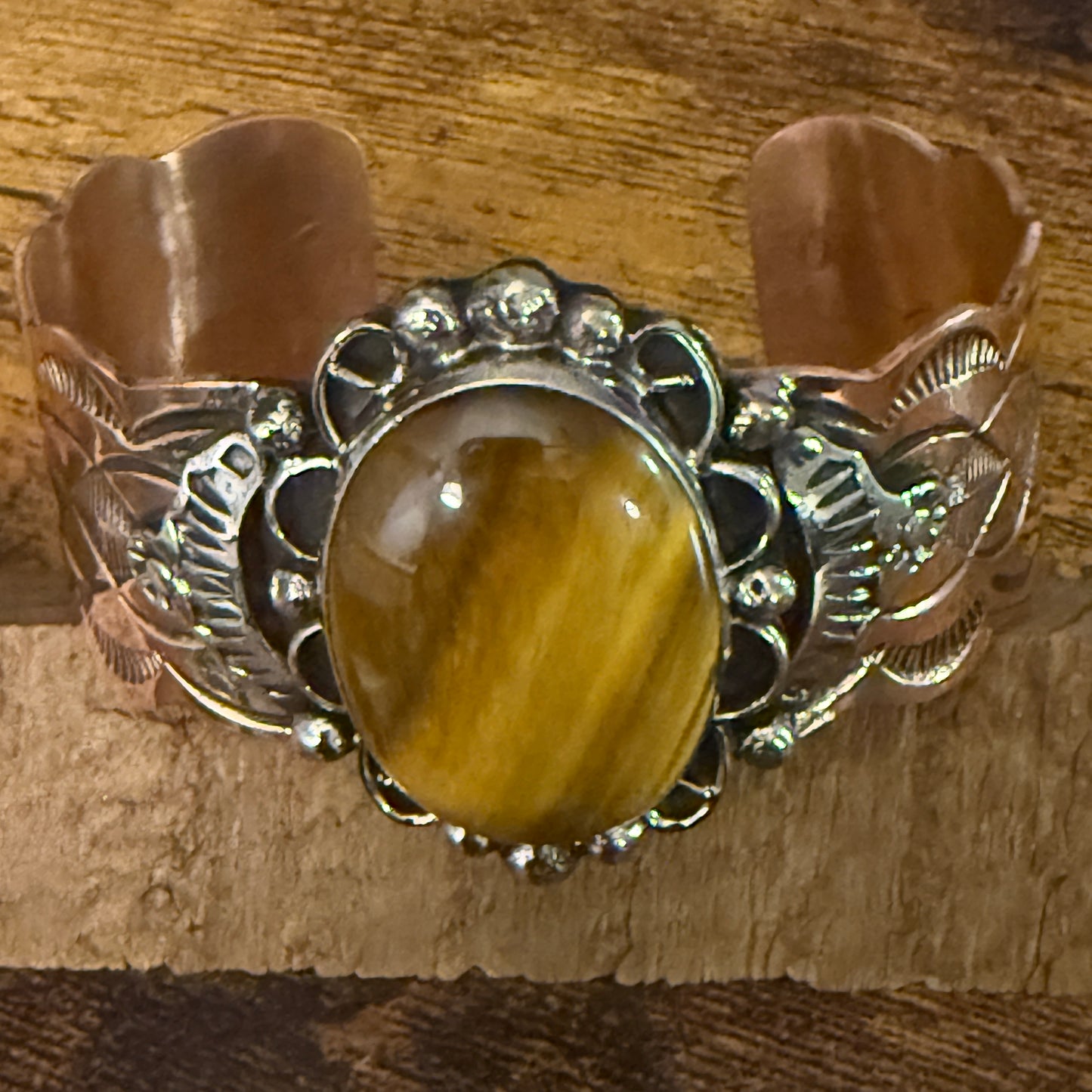 Navajo Copper Tiger Eye Wide Cuff Bracelet Signed by Cleveland