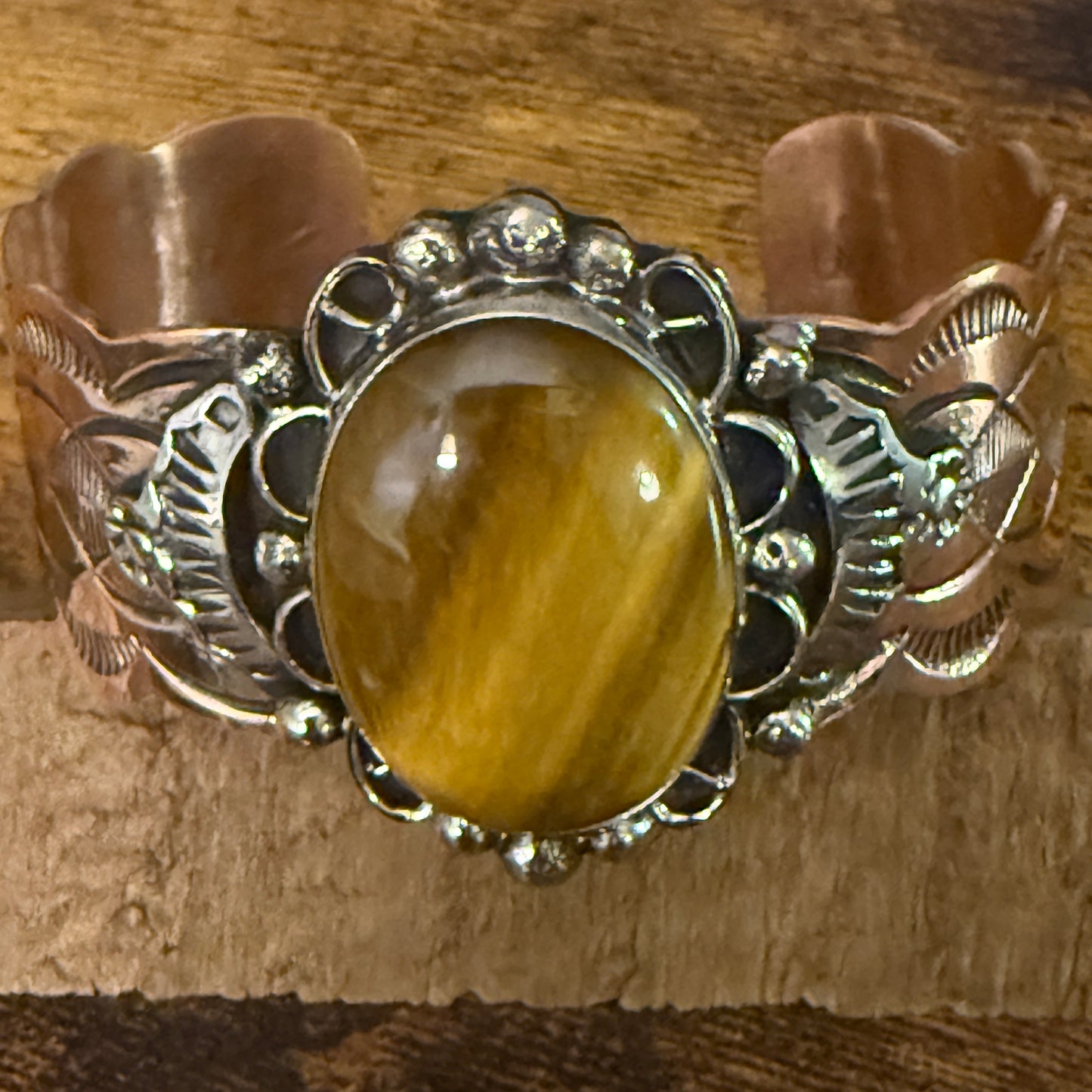 Navajo Copper Tiger Eye Wide Cuff Bracelet Signed by Cleveland