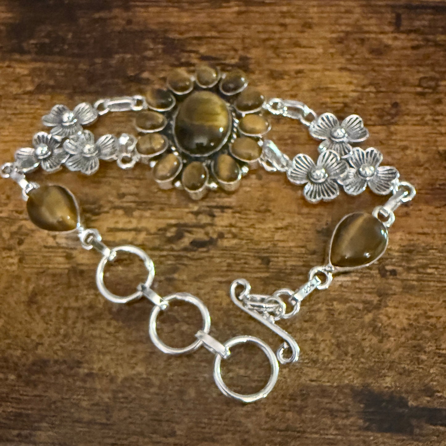 Natural Tiger's Eye Cluster Gemstone Floral Bracelet 925 Sterling Silver