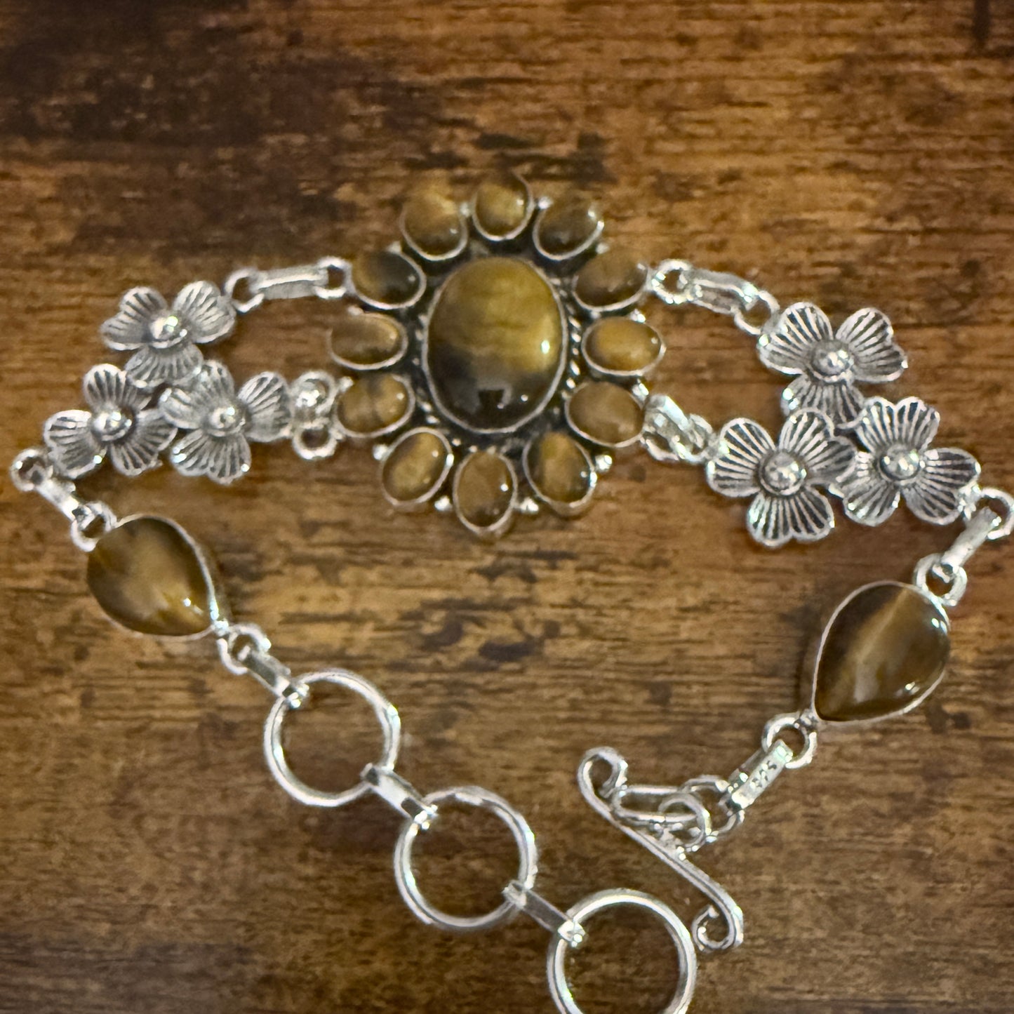 Natural Tiger's Eye Cluster Gemstone Floral Bracelet 925 Sterling Silver