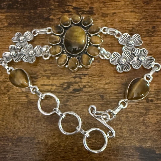 Natural Tiger's Eye Cluster Gemstone Floral Bracelet 925 Sterling Silver
