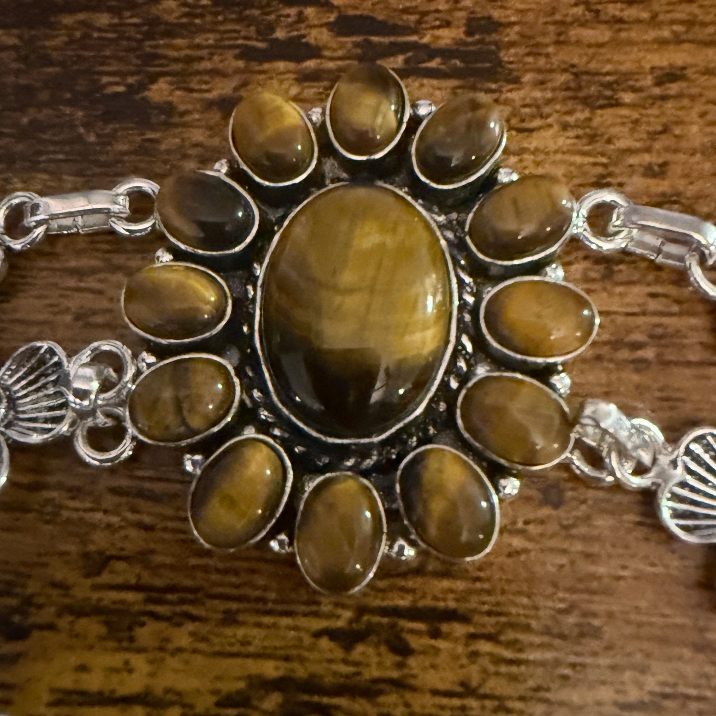 Natural Tiger's Eye Cluster Gemstone Floral Bracelet 925 Sterling Silver