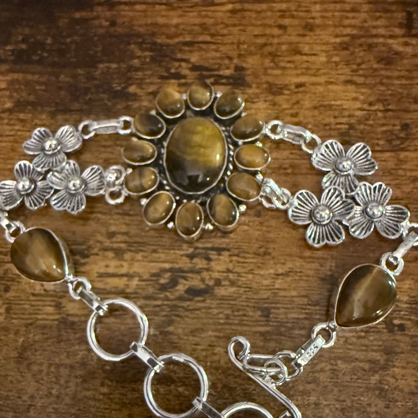 Natural Tiger's Eye Cluster Gemstone Floral Bracelet 925 Sterling Silver