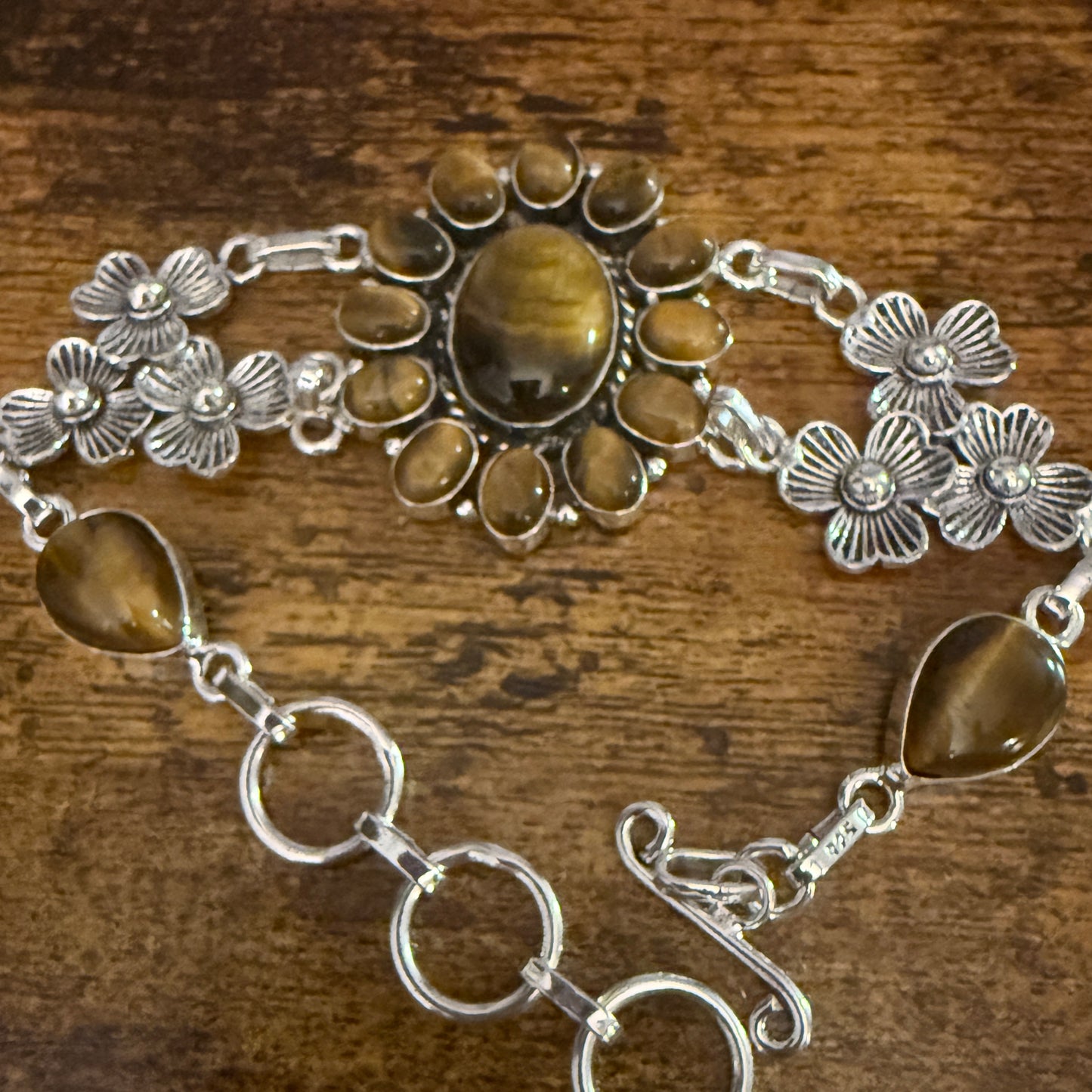Natural Tiger's Eye Cluster Gemstone Floral Bracelet 925 Sterling Silver
