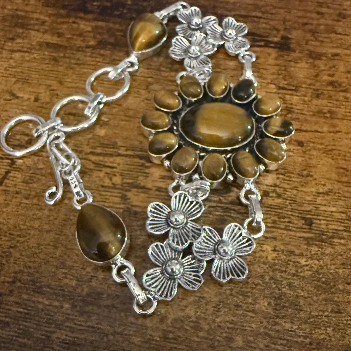 Natural Tiger's Eye Cluster Gemstone Floral Bracelet 925 Sterling Silver