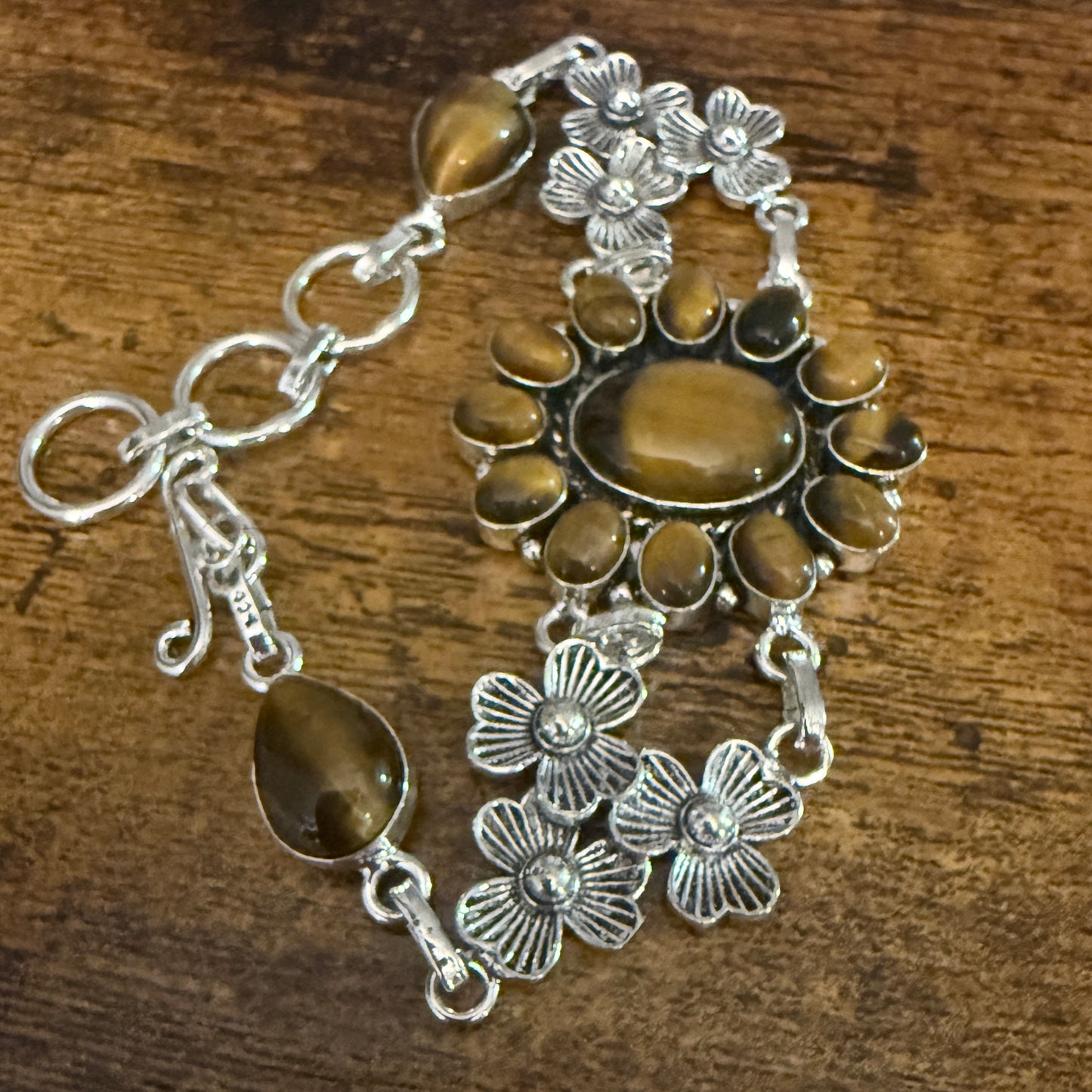 Natural Tiger's Eye Cluster Gemstone Floral Bracelet 925 Sterling Silver