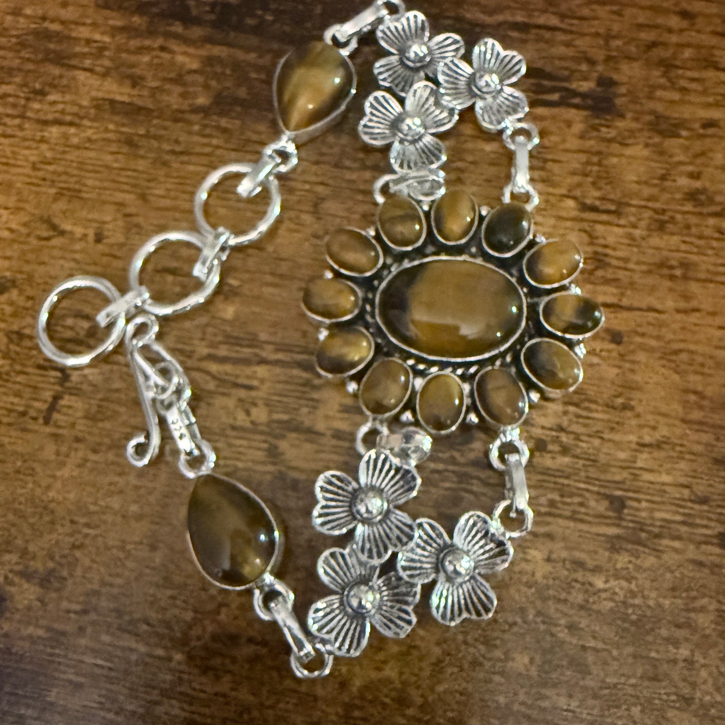 Natural Tiger's Eye Cluster Gemstone Floral Bracelet 925 Sterling Silver