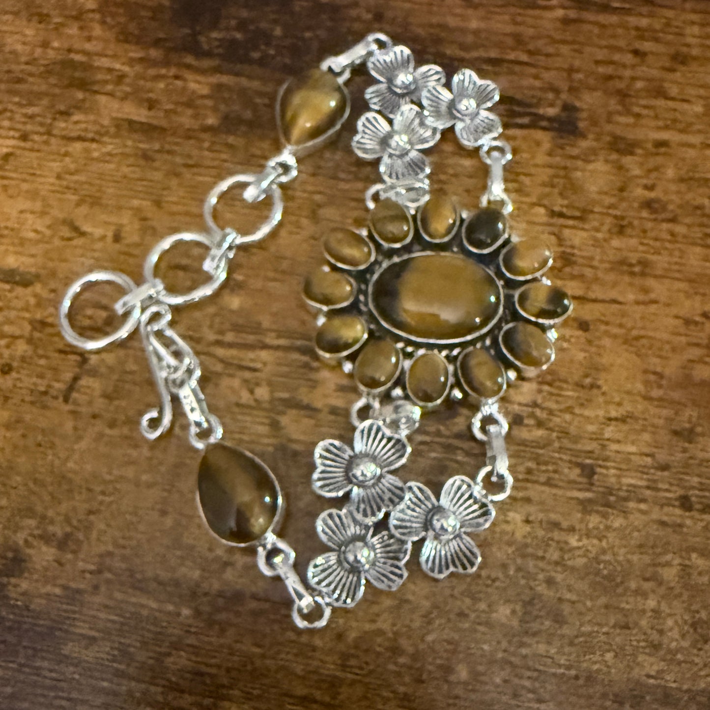 Natural Tiger's Eye Cluster Gemstone Floral Bracelet 925 Sterling Silver