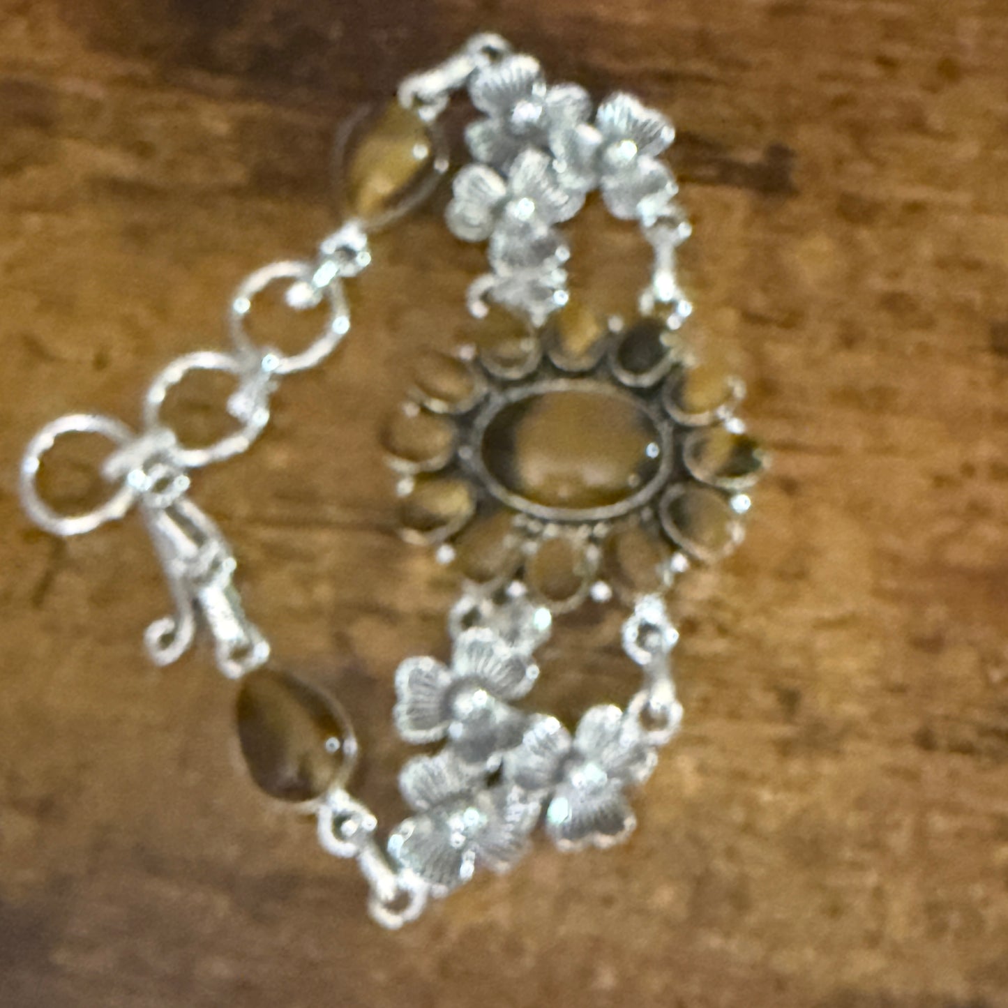 Natural Tiger's Eye Cluster Gemstone Floral Bracelet 925 Sterling Silver