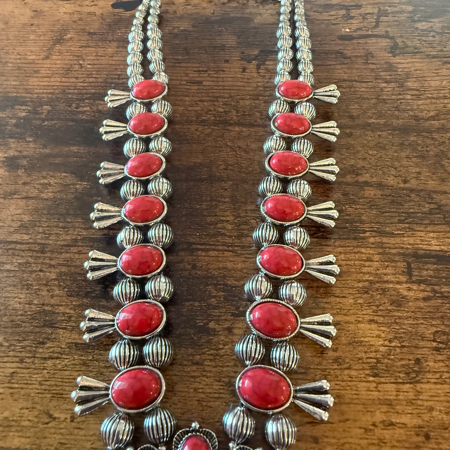 Red Stone Squash Blossom Western Necklace with Faux Silver Pearl Beads; intricate silver detail, western statement.