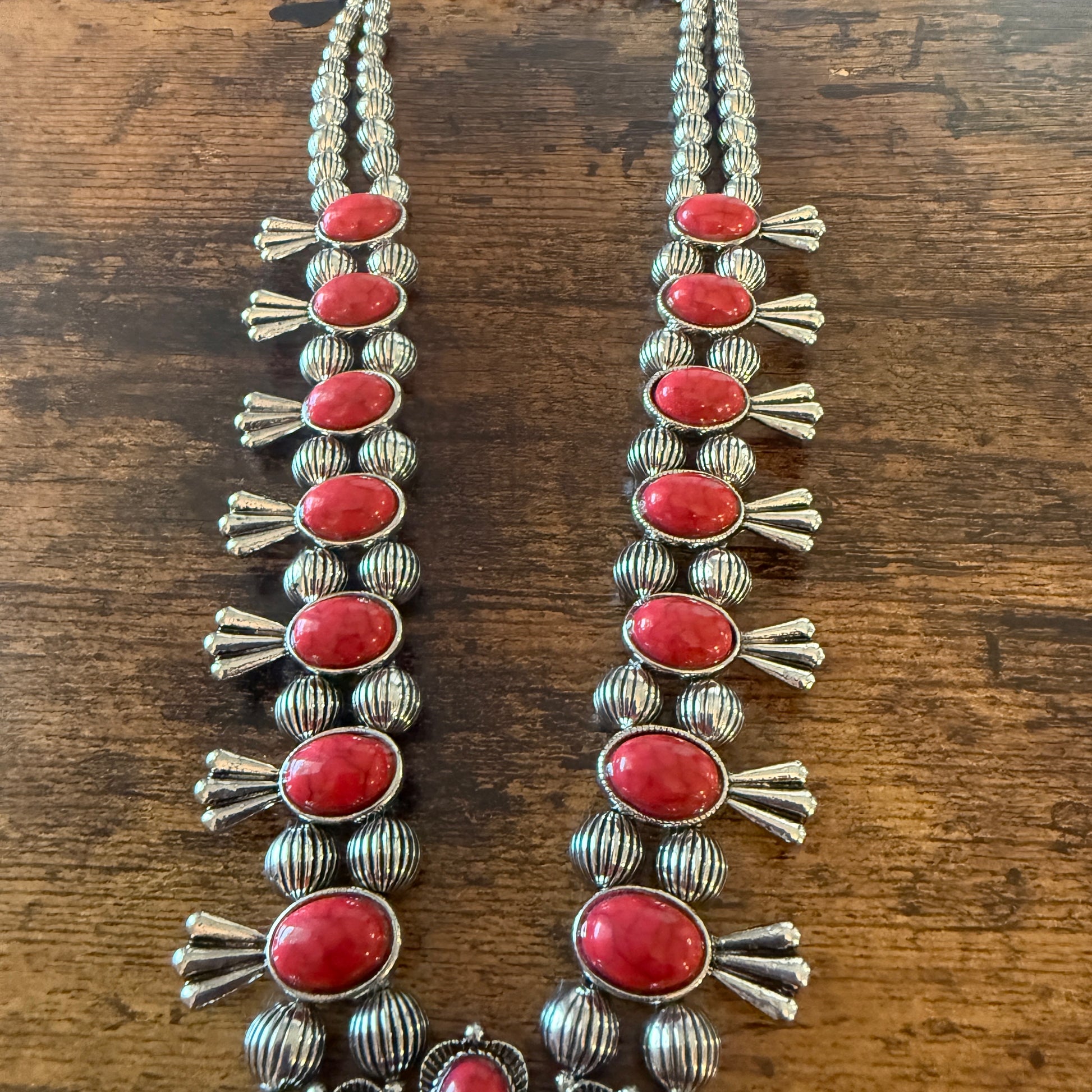 Red Stone Squash Blossom Western Necklace with Faux Silver Pearl Beads; intricate silver detail, western statement.