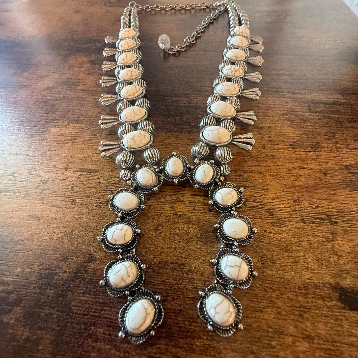 White Stone Squash Blossom Western Necklace, Faux Silver Pearl Beads