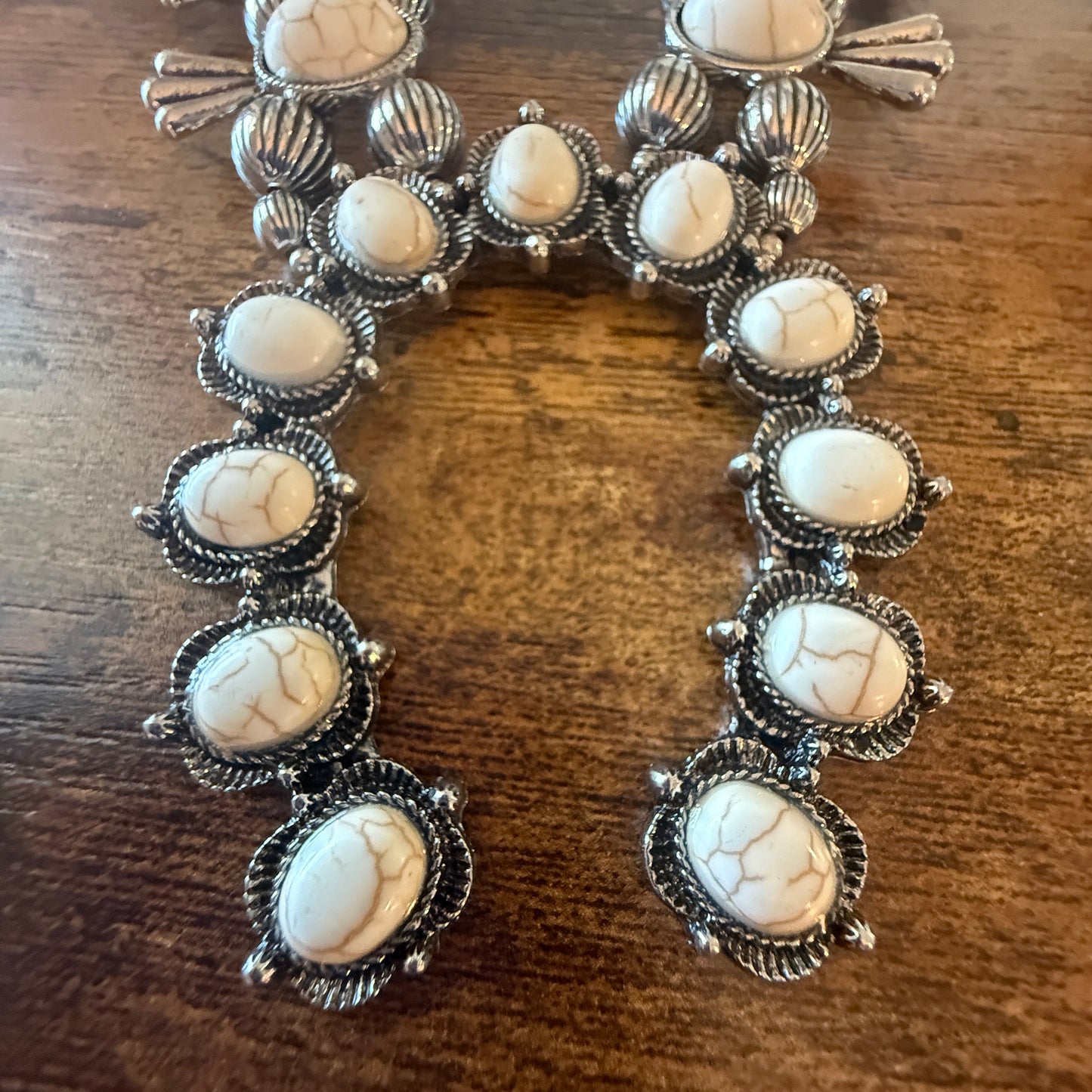 White Stone Squash Blossom Western Necklace, Faux Silver Pearl Beads