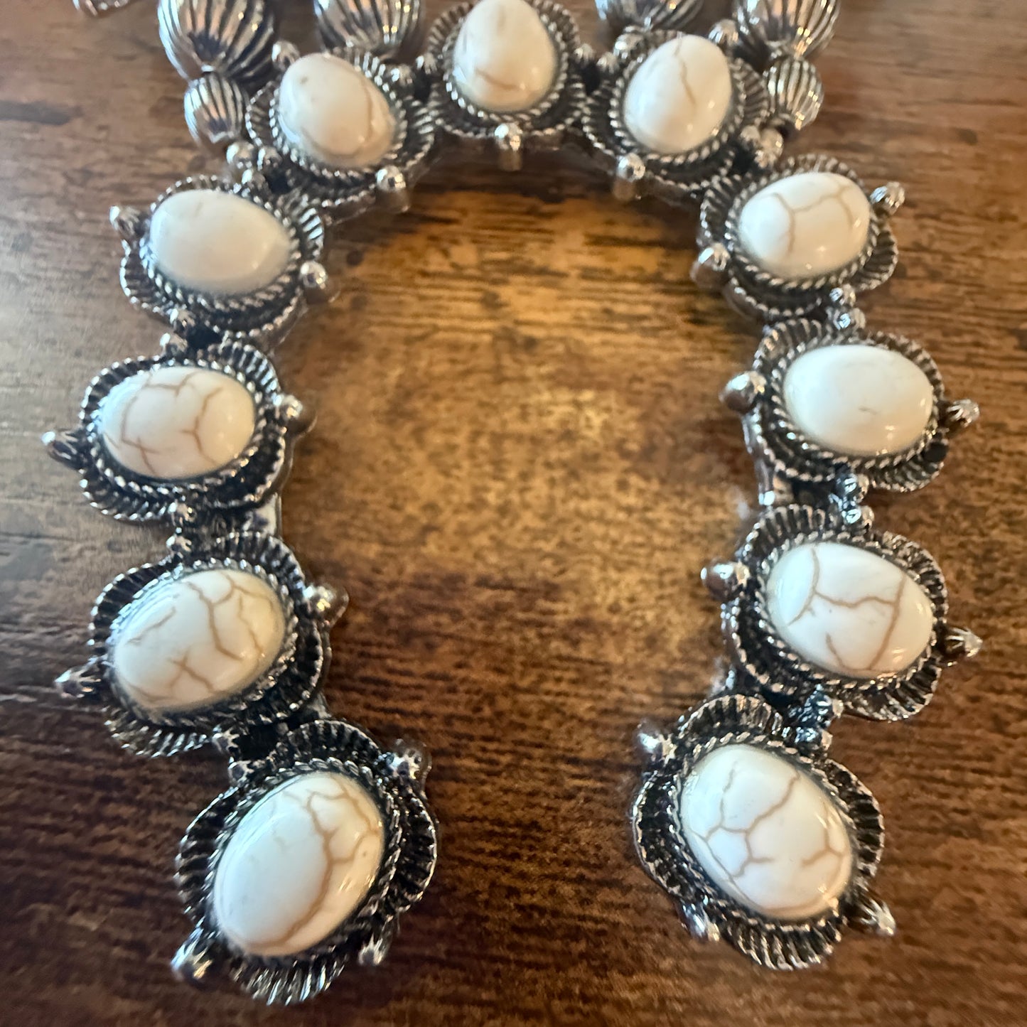 White Stone Squash Blossom Western Necklace, Faux Silver Pearl Beads