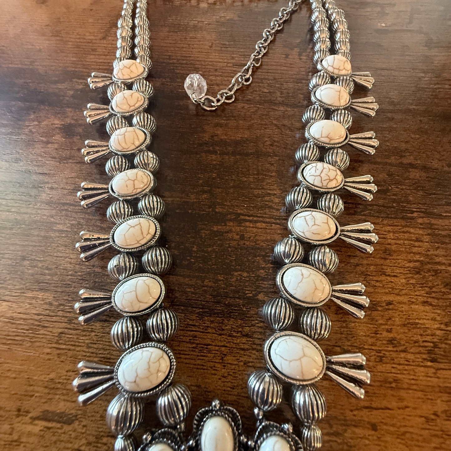 White Stone Squash Blossom Western Necklace, Faux Silver Pearl Beads