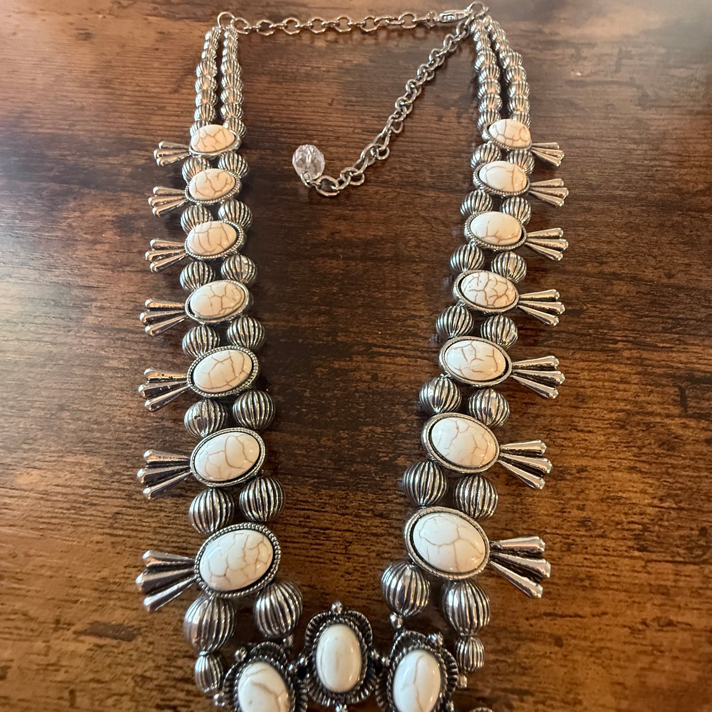 White Stone Squash Blossom Western Necklace, Faux Silver Pearl Beads