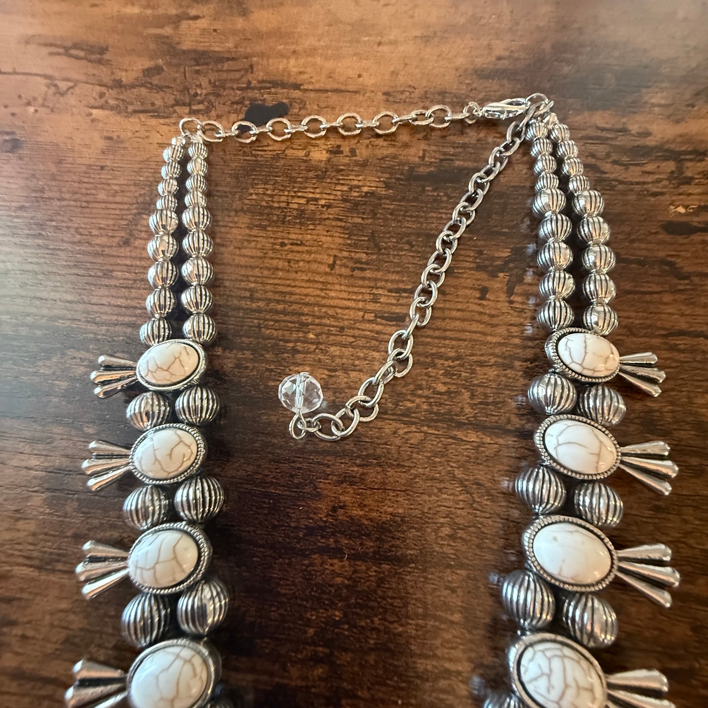 White Stone Squash Blossom Western Necklace, Faux Silver Pearl Beads