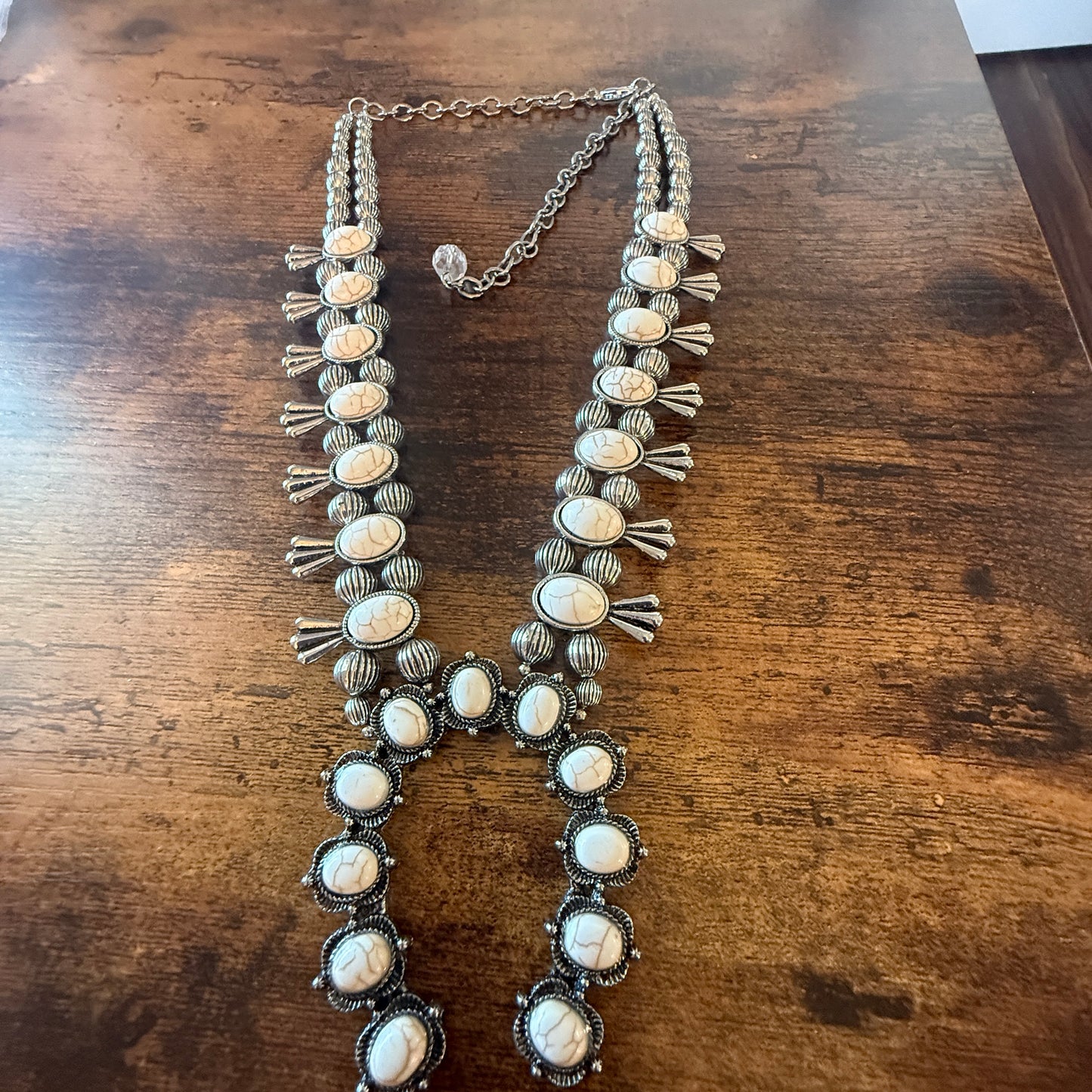 White Stone Squash Blossom Western Necklace, Faux Silver Pearl Beads
