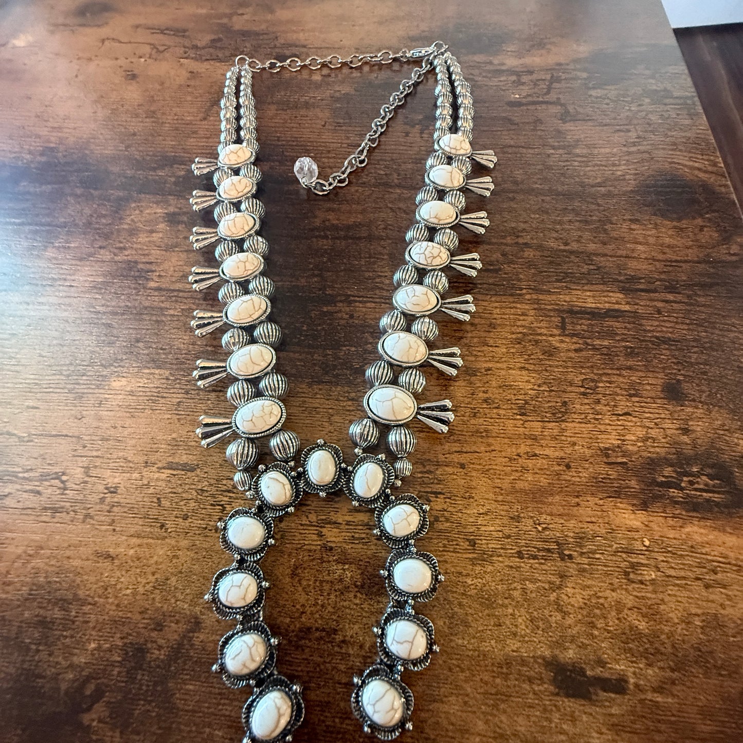White Stone Squash Blossom Western Necklace, Faux Silver Pearl Beads