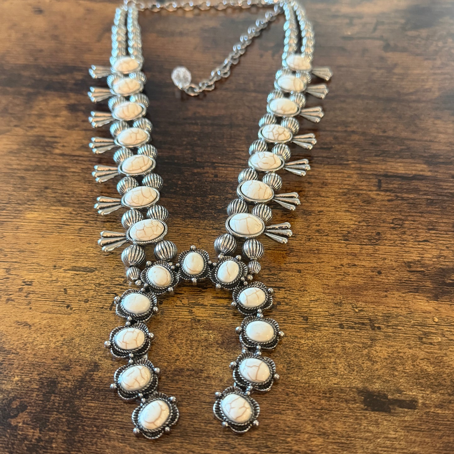 White Stone Squash Blossom Western Necklace, Faux Silver Pearl Beads