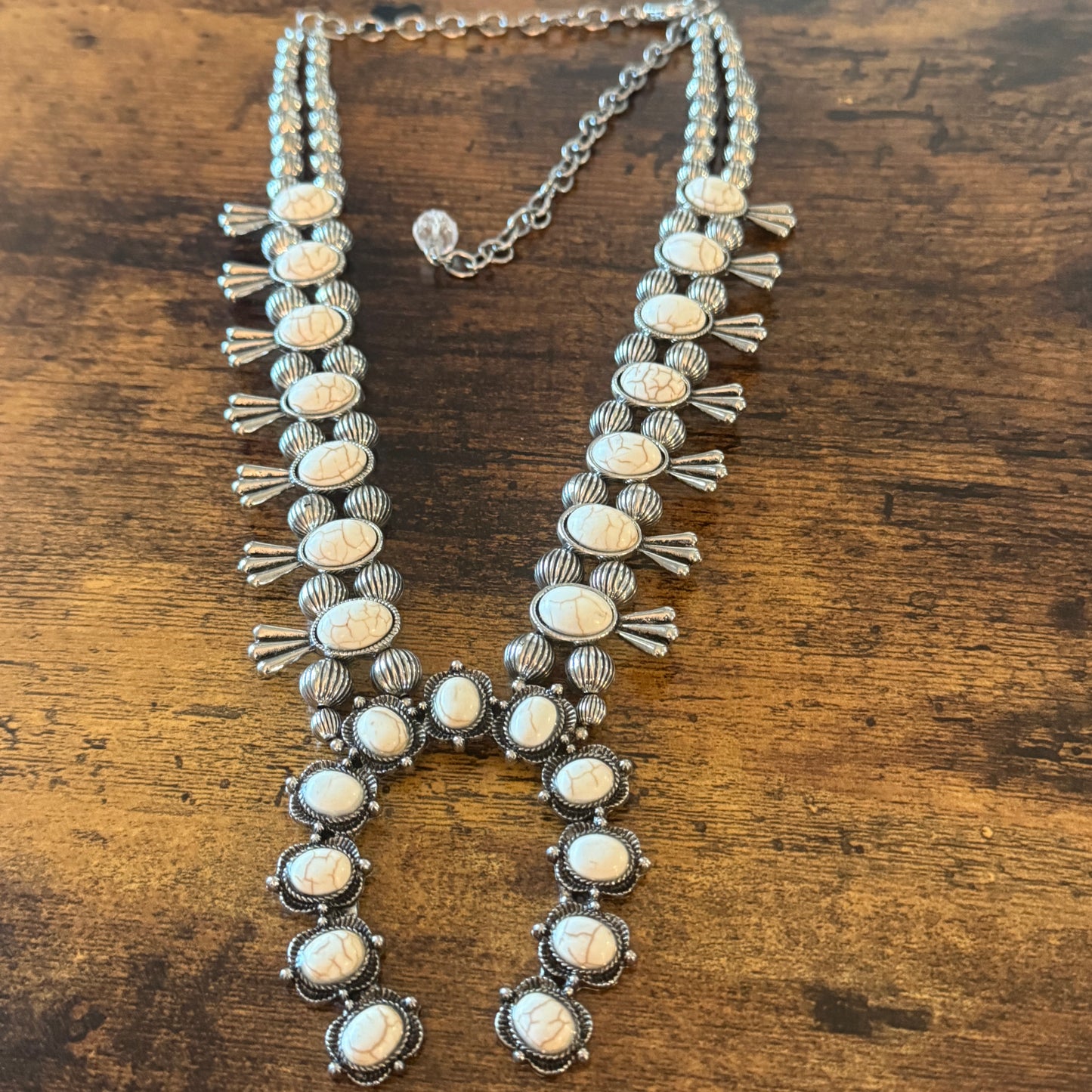 White Stone Squash Blossom Western Necklace, Faux Silver Pearl Beads