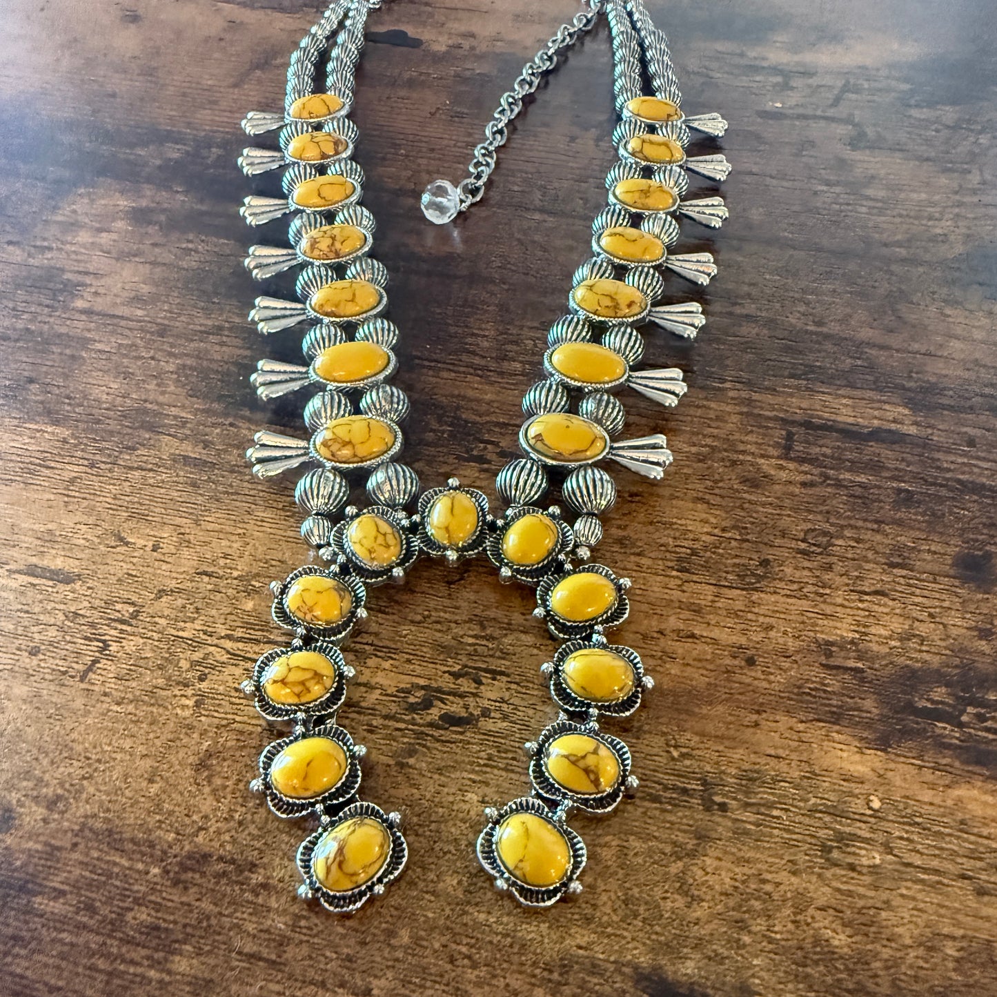 Yellow Stone Squash Blossom Western Necklace, Faux Silver Pearl Beads