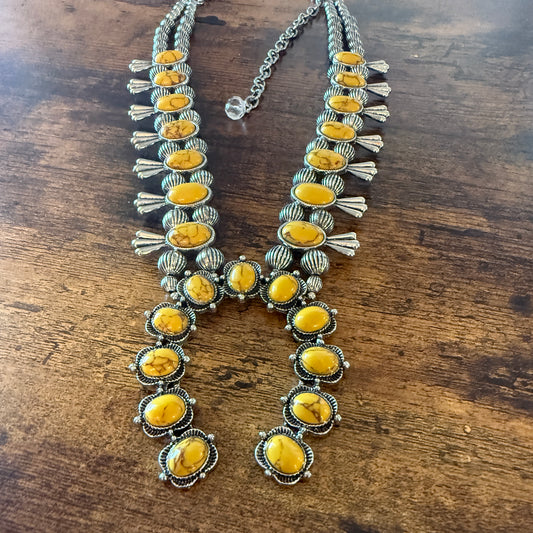 Yellow Stone Squash Blossom Western Necklace, Faux Silver Pearl Beads