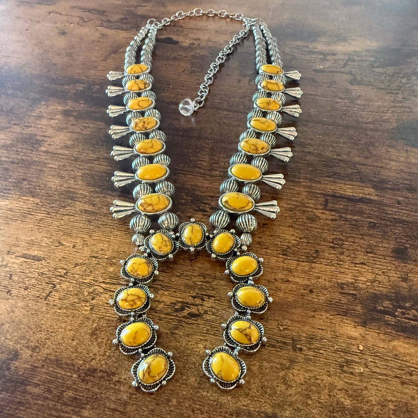 Yellow Stone Squash Blossom Western Necklace, Faux Silver Pearl Beads
