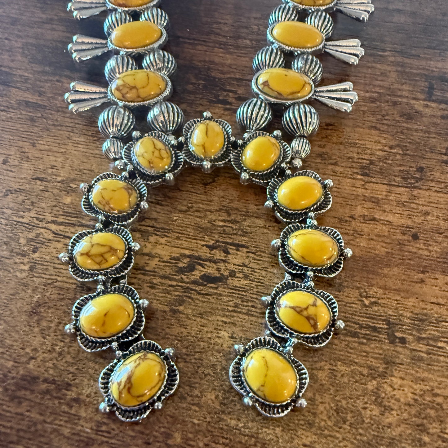 Yellow Stone Squash Blossom Western Necklace, Faux Silver Pearl Beads