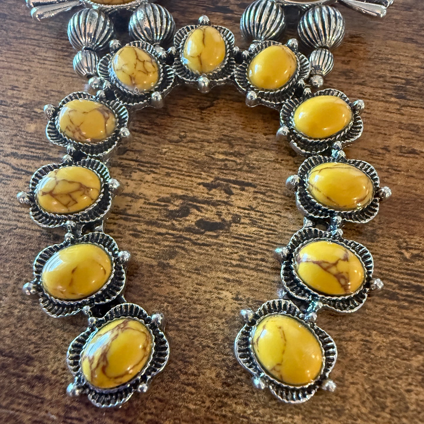Yellow Stone Squash Blossom Western Necklace, Faux Silver Pearl Beads