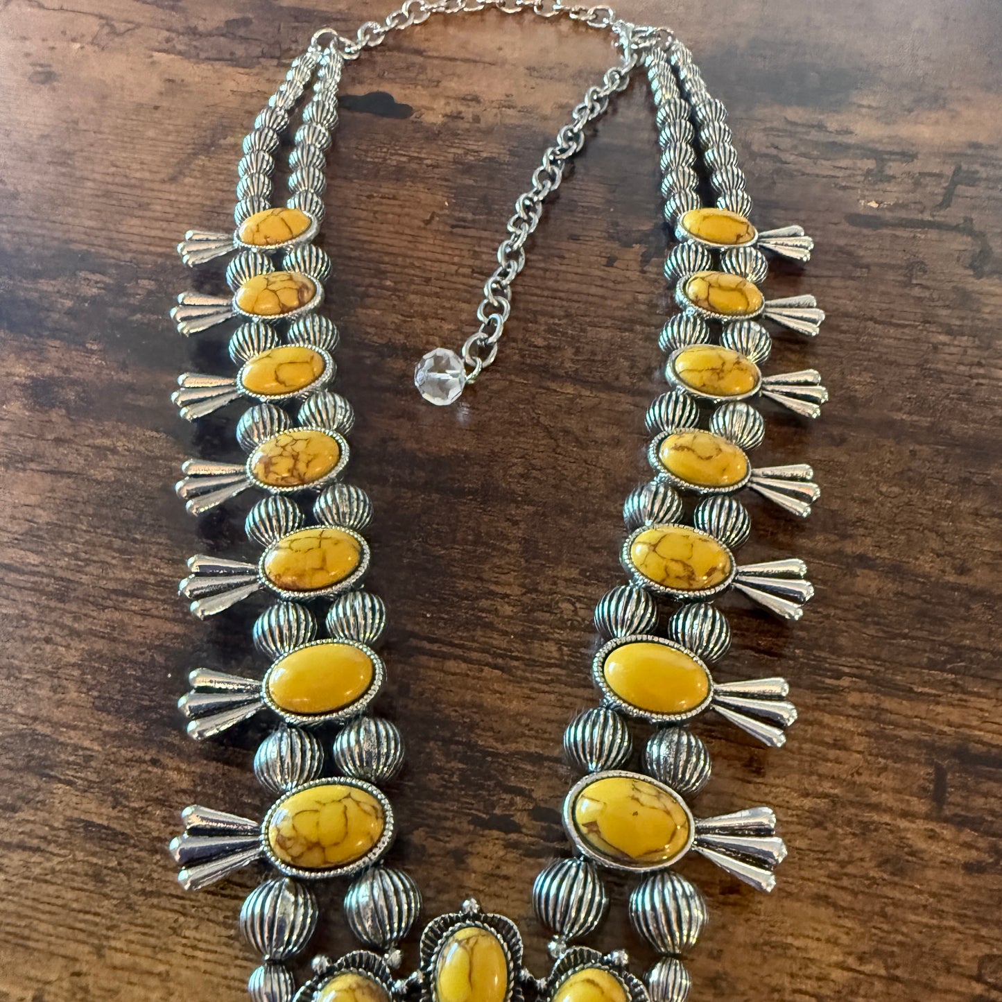 Yellow Stone Squash Blossom Western Necklace, Faux Silver Pearl Beads