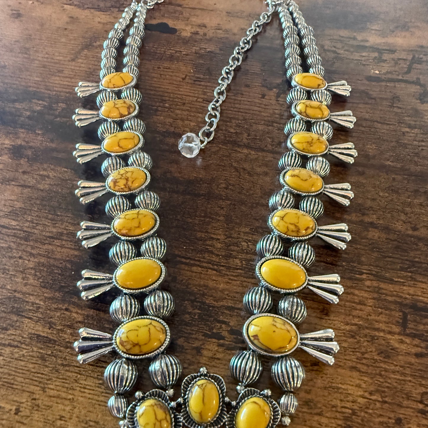 Yellow Stone Squash Blossom Western Necklace, Faux Silver Pearl Beads